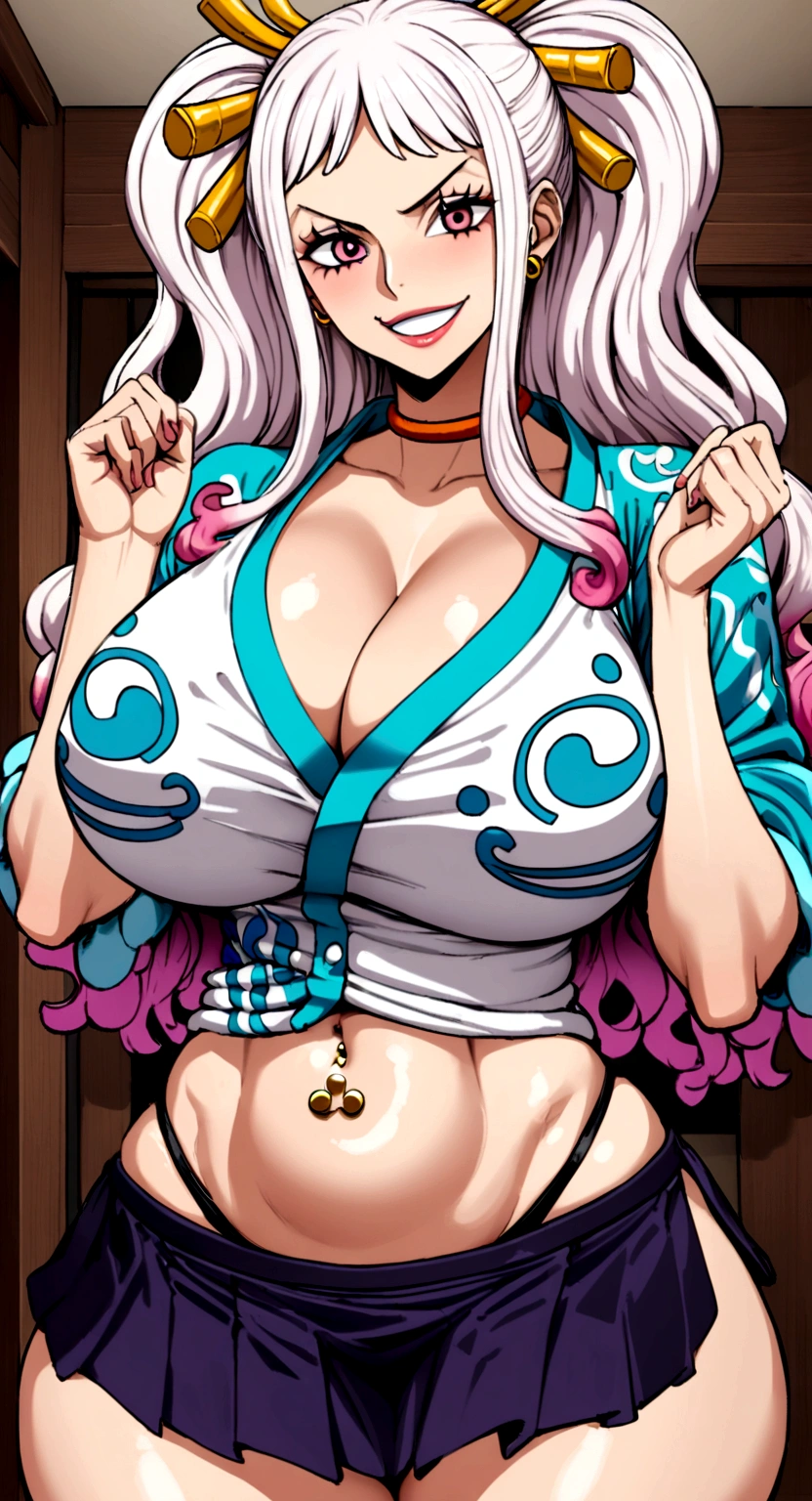 big lips, yamato hair (One Piece), pink eyes, japanese face, improve, improve grin, two sides up, huge breasts, Wide hips, sexy, detailed, room, Hits, (evil smile1.4), kawaii, yamato skirt (One Piece), One Piece, GOOD, yamato costume (One Piece), yamato skirt (One Piece), yamato shirt (One Piece), choker, yamato skirt (One Piece), yamato shirt (One Piece),navel piercing, yamato cosplay (One Piece)