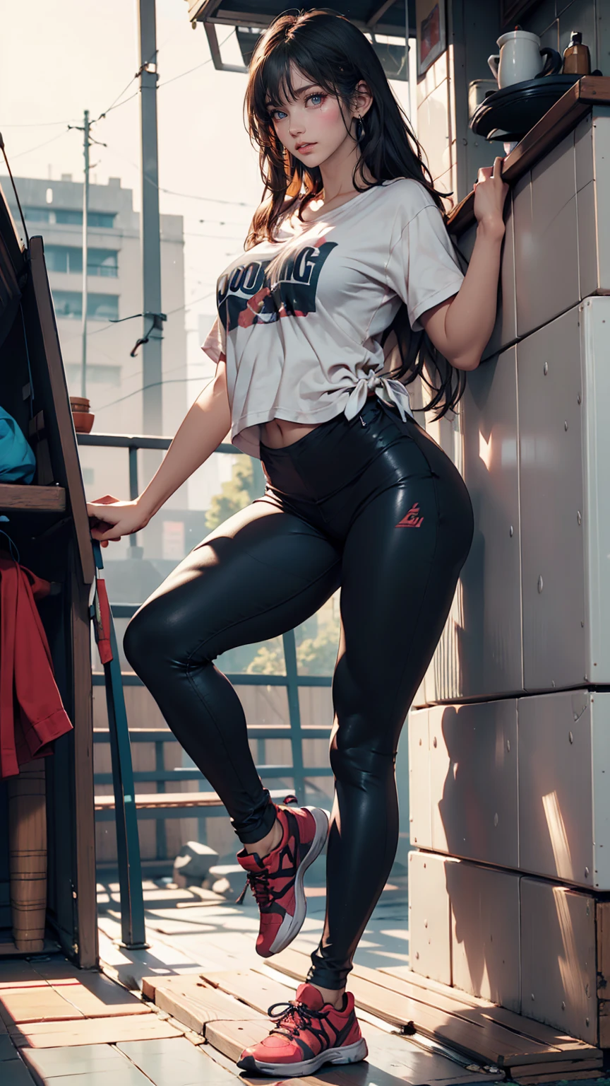 24-year-old woman、Sexy proportions、Long eyelashes、eye shadow、lipstick、Sexy、erotic、Wear a T-shirt、Wear leggings、Wear bouldering shoes、Climb the bouldering wall、Tie your hair back