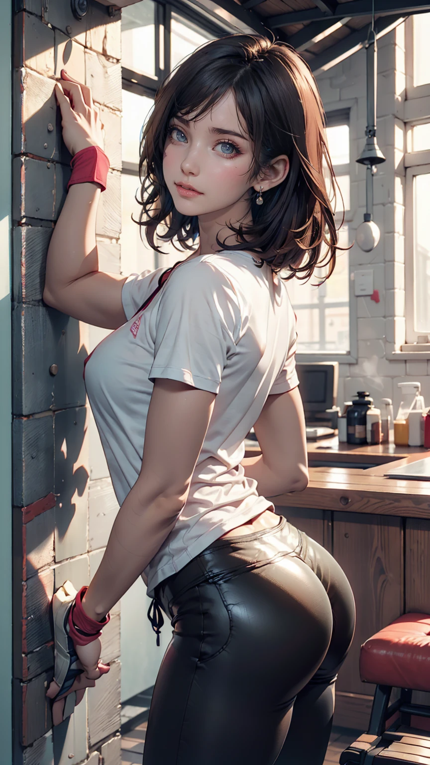 24-year-old woman、Sexy proportions、Long eyelashes、eye shadow、lipstick、Sexy、erotic、Wear a T-shirt、Wear leggings、Wear bouldering shoes、Climb the bouldering wall、Tie your hair back