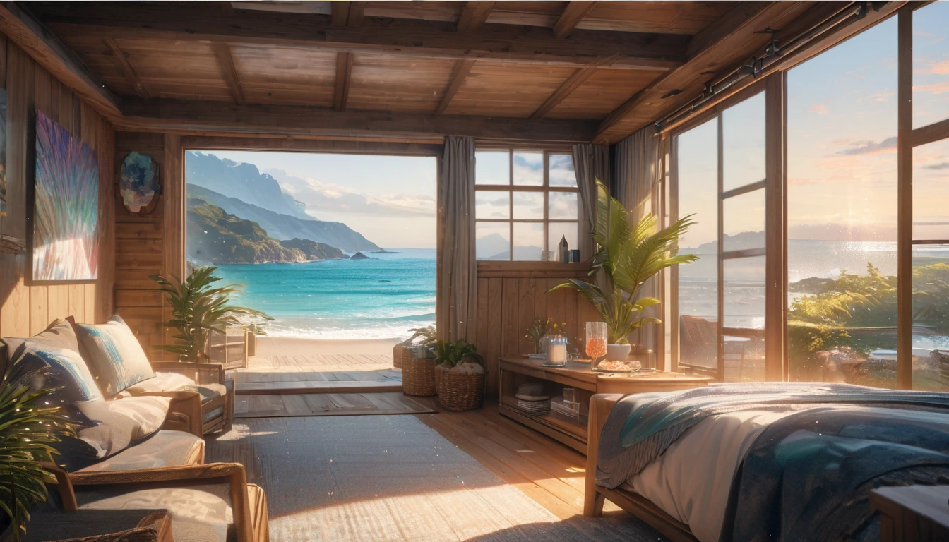 Holiday Homes, Large windows and beautiful views,Wooden Lodge,Inside the room,Blur the background,Pleasant sea breeze,Glitter effect,Highest quality, 8K, High resolution, masterpiece:1.2, Very detailed, Realistic:1.37, High resolution, 超High resolution, Ultra-fine painting, Very detailed, Professional, Vibrant colors