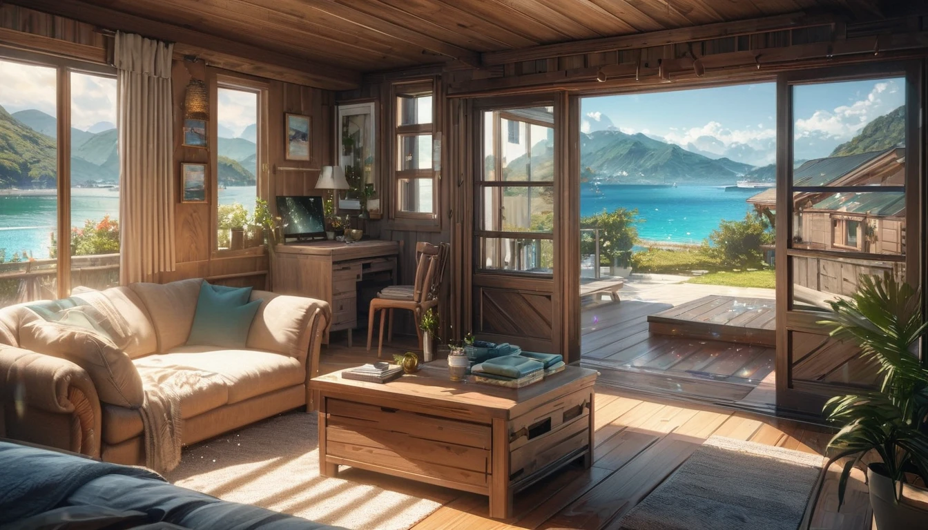 Holiday Homes, Large windows and beautiful views,Wooden Lodge,Inside the room,Blur the background,Pleasant sea breeze,Glitter effect,Highest quality, 8K, High resolution, masterpiece:1.2, Very detailed, Realistic:1.37, High resolution, 超High resolution, Ultra-fine painting, Very detailed, Professional, Vibrant colors