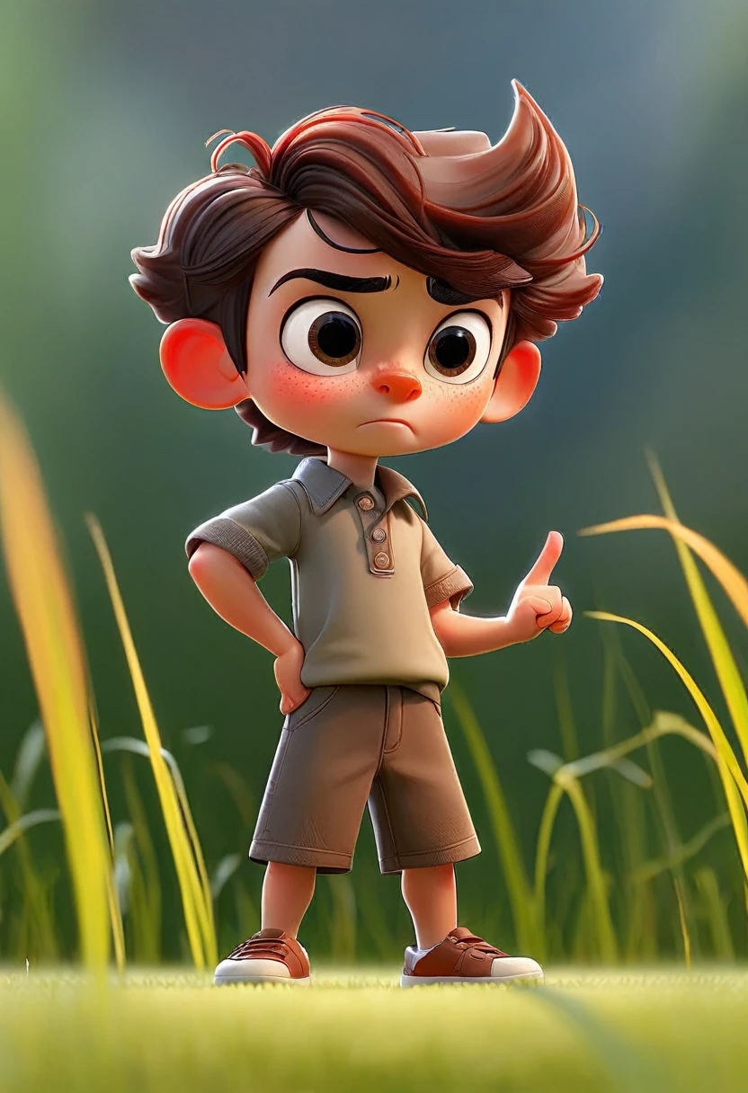 Cartoon little boy standing on the grass,Tap the air with your right index finger,Side View,Camera shooting side view of people