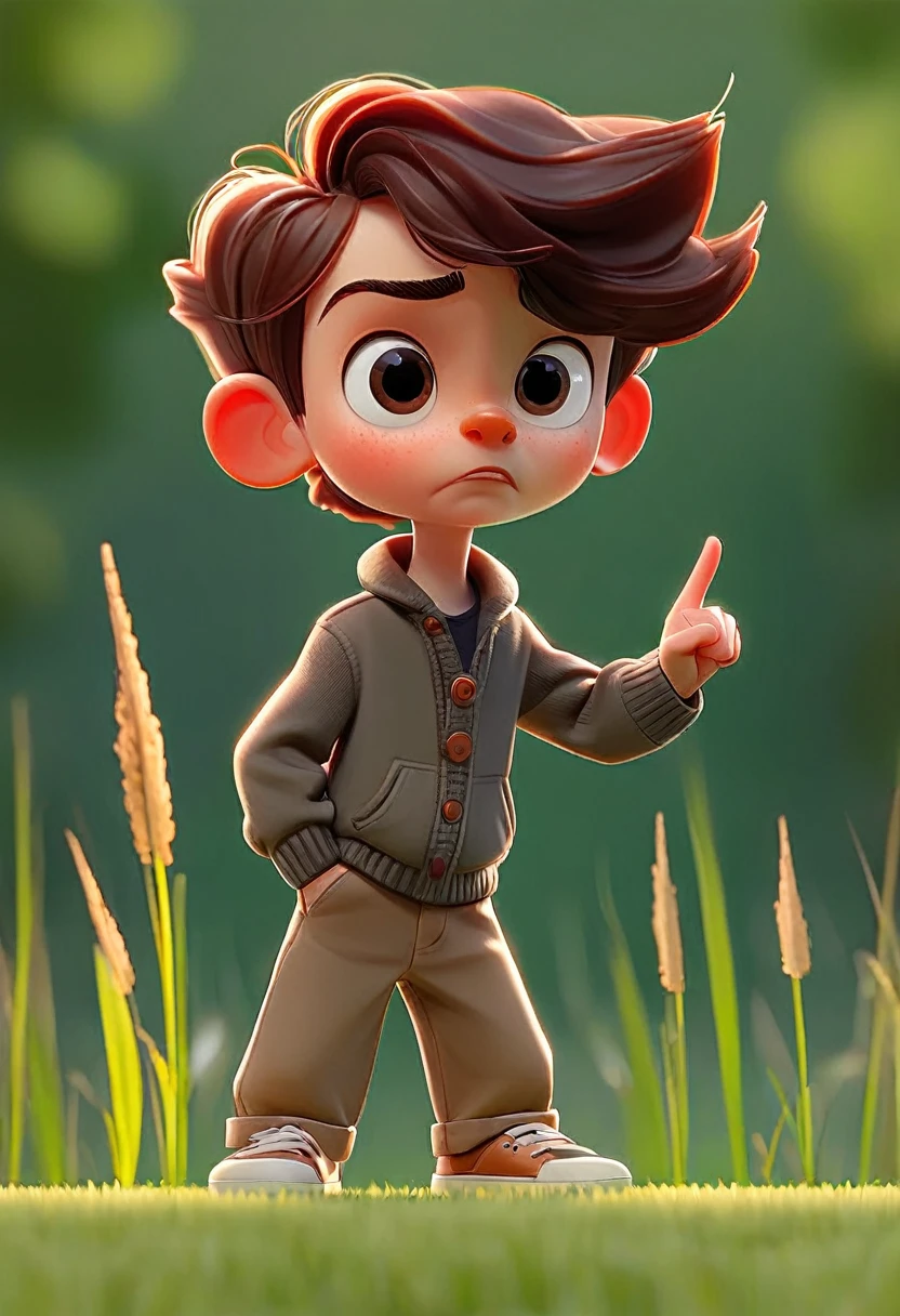 Cartoon little boy standing on the grass，Tap the air with your right index finger，Side View，Camera shooting side view of people