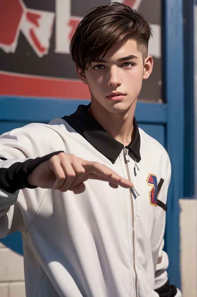 Create an image of a male ager, looking between 16 and 18 years old, brownhair, Caucasian skin, eyes browns, wearing school jacket, Written "Crawford". The image must have the style of a digital illustration inspired by the environments of GTA V. Your expression is happy, in poor lighting. Football field school atmosphere.The image must not contain extra hands, extra fingers, mutant hands, mixed texts, repeated letters. And try to make him look like model Francisco Lachowski.