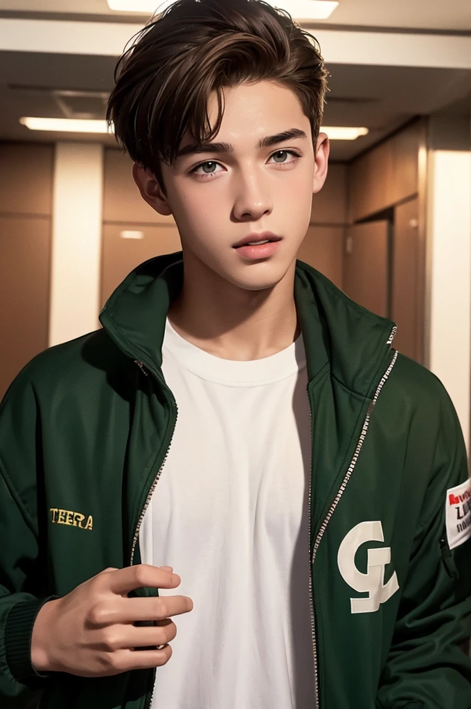 Create an image of a male ager, looking between 16 and 18 years old, brownhair, Caucasian skin, eyes browns, wearing school jacket, Written "Crawford". The image must have the style of a digital illustration inspired by the environments of GTA V. Your expression is happy, in poor lighting. Football field school atmosphere.The image must not contain extra hands, extra fingers, mutant hands, mixed texts, repeated letters. And try to make him look like model Francisco Lachowski.