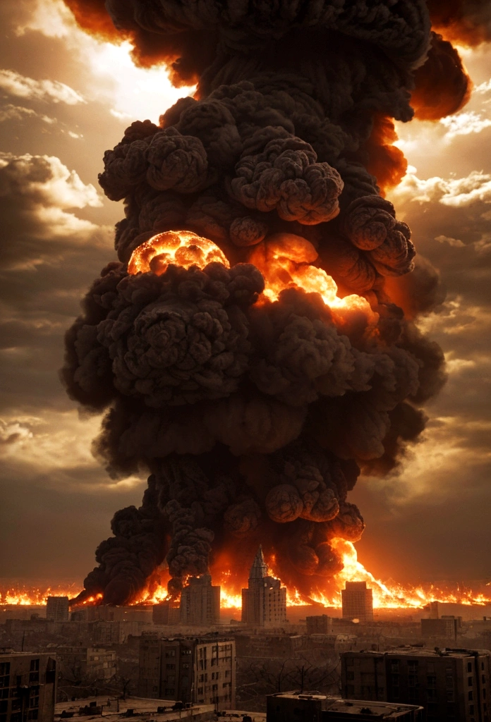 best quality, (wide shot), CGSociety, 8K, ultra-realistic, masterpiece, nuclear explosion in a large city, ruined buildings, fire, debris, apocalyptic landscape, dramatic lighting, cinematic, volumetric smoke, realistic destruction, gritty, hyperdetailed, raytraced, photorealistic