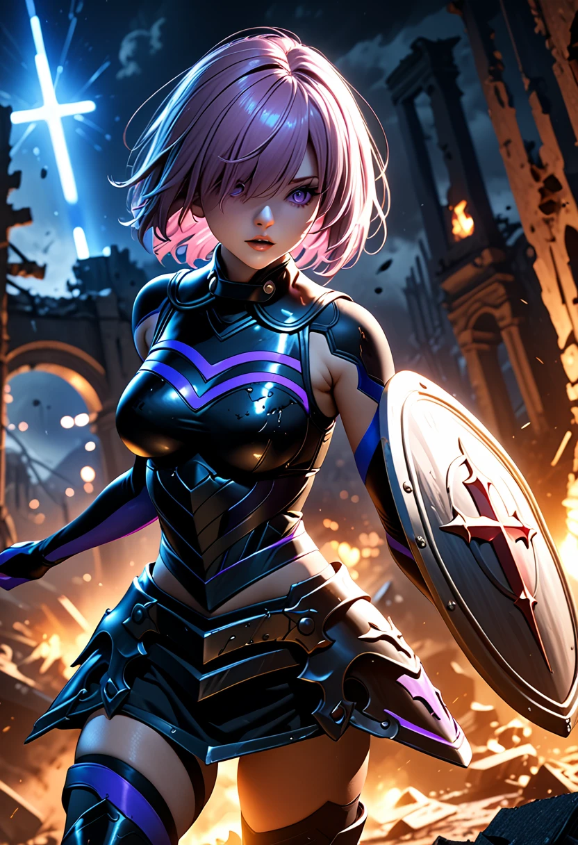 (masterpiece, top quality, best quality, beautiful and aesthetic:1.2), extremely detailed, cinematic light, depth of field, official, mash kyrielight, cross shield, cinematic lighting, dramatic lighting, dramatic atmosphere, hyper-realistic, high resolution, stunning contrast, high quality, best quality, 8k, 4k, intricately detailed, (amazing details:1.2), vibrant colors, (detailed background), (warzone on background, night, ruins), (dynamic angle:1.2), (dynamic pose:1.2)