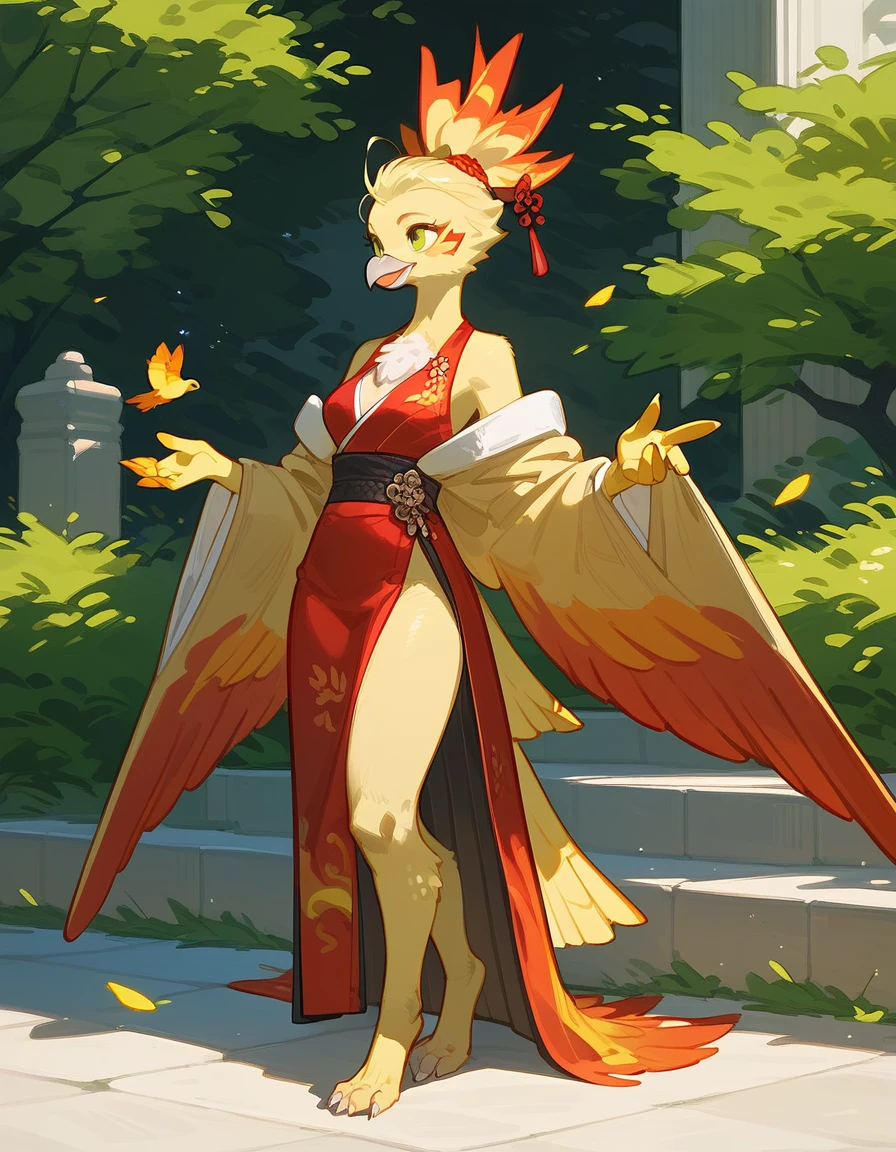 score_9, score_8_up, score_7_up, an Anthro phoenix girl, avian female, red and yellow body, spikey yellow hair, wearing elegant kimono, barefoot, standing, yellow eyes, outdoors, at a park