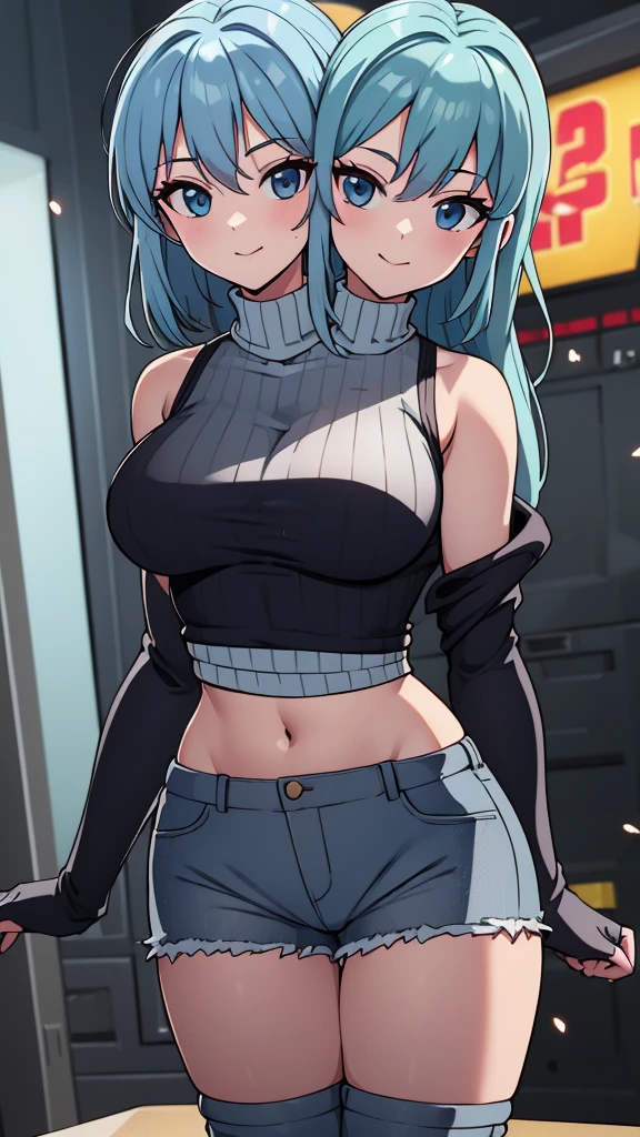 best quality, (masterpiece),(ultra-detailed), (high quality), (high resolution), ((2heads:1.5)), best quality:1.5, highres, UHD, 16K), smiling, highres, masterpiece, ((light blue hair)), gamer girl, long hair, hair band, black eyes, ((cinematic particles)), ((grey hot pants)), arcade room, (black gloves), cowboy shot, ((sleeveless jacket over a white crop top)), exposed midriff, fingerless gloves