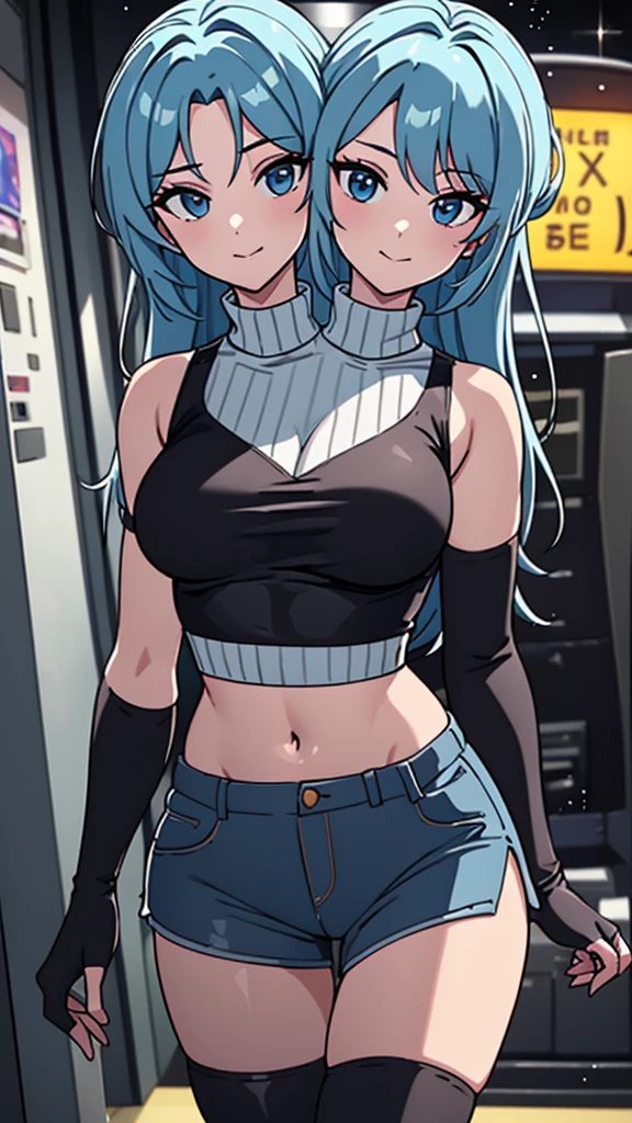 best quality, (masterpiece),(ultra-detailed), (high quality), (high resolution), ((2heads:1.5)), best quality:1.5, highres, UHD, 16K), smiling, highres, masterpiece, ((light blue hair)), gamer girl, long hair, hair band, black eyes, ((cinematic particles)), ((grey hot pants)), arcade room, (black gloves), cowboy shot, ((sleeveless jacket over a white crop top)), exposed midriff, fingerless gloves