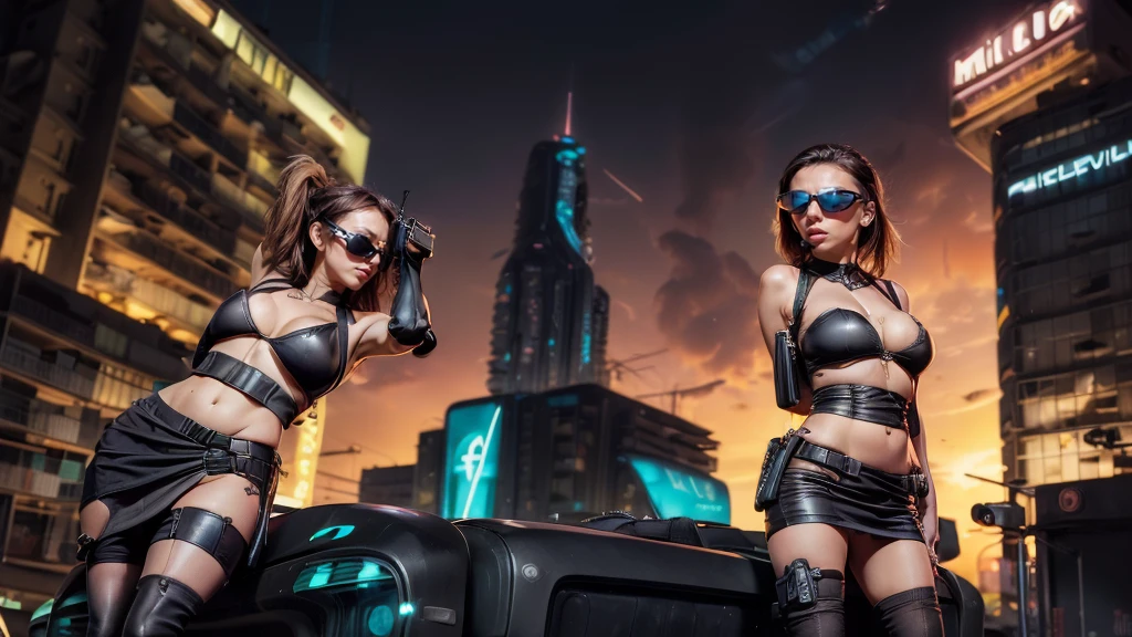 (((aerial view))) of futuristic city, hologram neon buildings, (((futuristic flying cars))) and futuristic cars, Surreal cyberpunk city, in a Future cyberpunk city, 3d rendering Beeple, at night. large-breast photorealistic slim sexy woman, (((breast cleavage))), perfect face, tank top, (((((((miniskirt, black sunglasses, pistol shooting pose))))))), standing, leaning forward, (((((half-body thigh level medium shot))))).