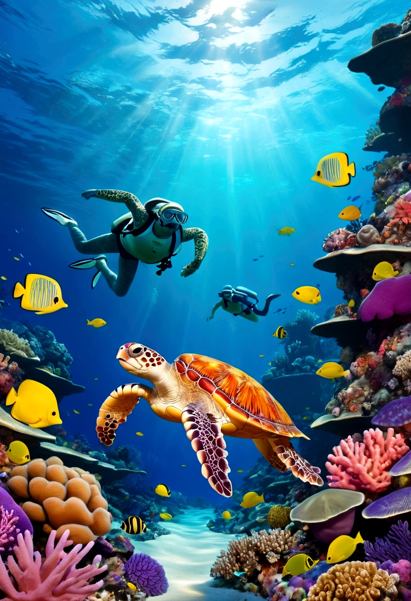 The background of the illustration is a wide and bright sea,Swimming octopus, Sea turtle swimming in the distance, There is a beautiful area of coral reefs in the sea,Corals are colorful and diverse,It emits a colorful glow,There are also several small fish swimming freely around.,The whole illustration is full of warmth and energy,Marine life swimming freely in a bright underwater world,It gives a peaceful and lovely feeling。