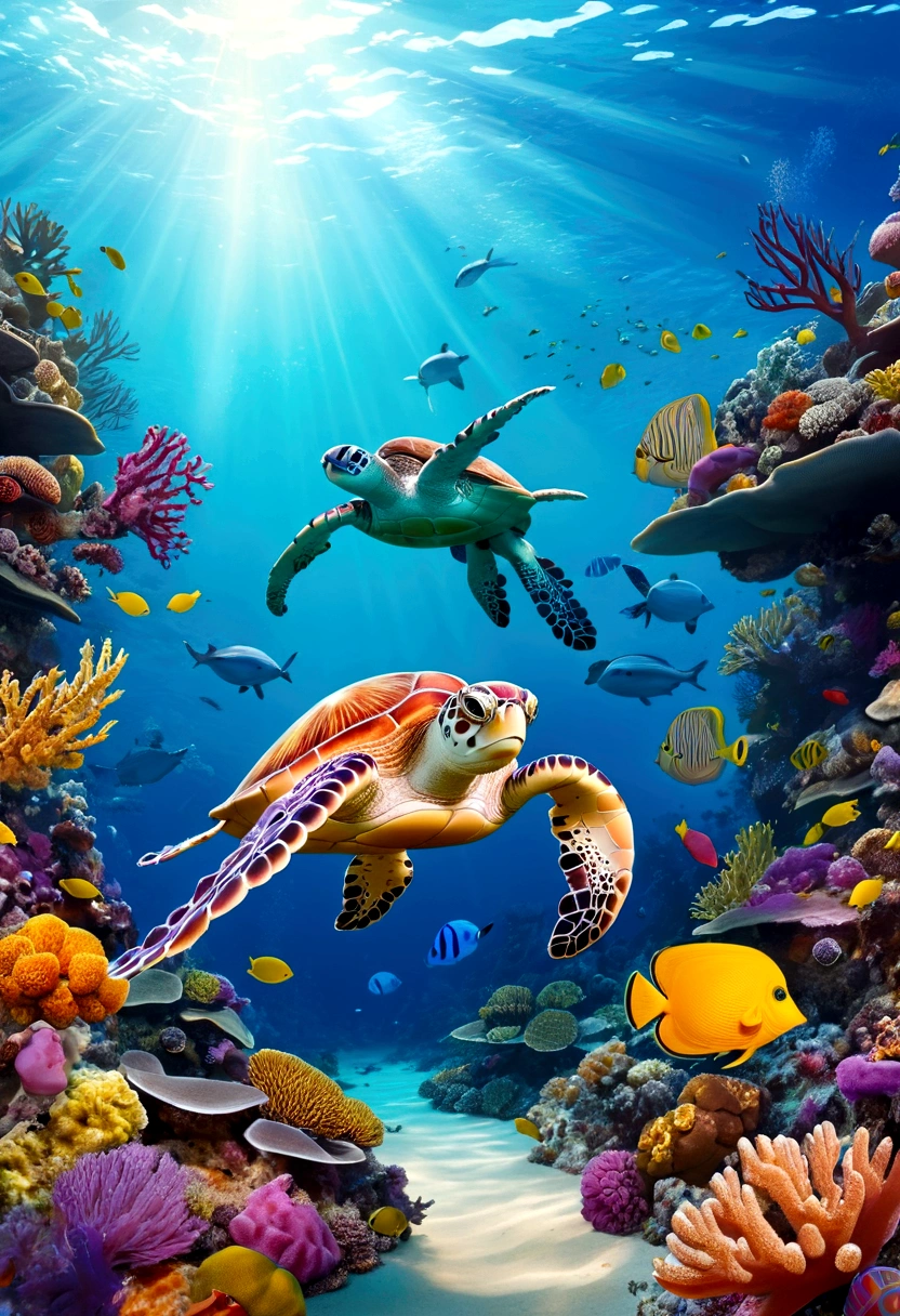The background of the illustration is a wide and bright sea,Swimming octopus, Sea turtle swimming in the distance, There is a beautiful area of coral reefs in the sea,Corals are colorful and diverse,It emits a colorful glow,There are also several small fish swimming freely around.,The whole illustration is full of warmth and energy,Marine life swimming freely in a bright underwater world,It gives a peaceful and lovely feeling。