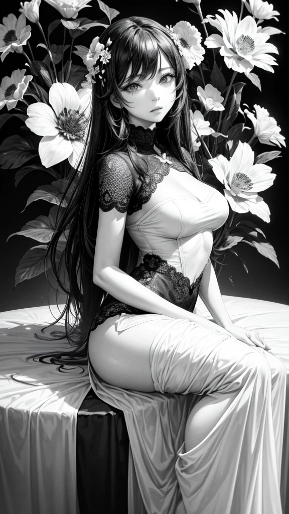The flowers on both sides form a frame. 額の中にはcoolとライバルの入った女性 glamorous cool Women are black and white but flowers are vibrantly colored Best Quality, Masterpiece, Ultra High Resolution, (Realisticity: 1.4), Original Photo, Cinematic Lighting