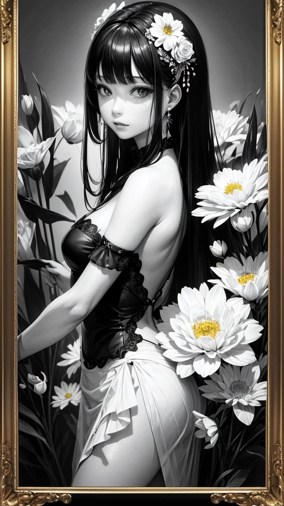 The flowers on both sides form a frame. 額の中にはcoolとライバルの入った女性 glamorous cool Women are black and white but flowers are vibrantly colored Best Quality, Masterpiece, Ultra High Resolution, (Realisticity: 1.4), Original Photo, Cinematic Lighting