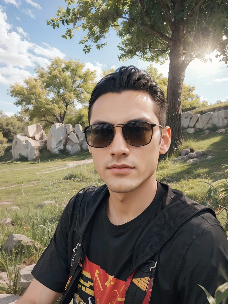 1 man,sunglass,black hair,ultra realistic,black t shirt,
