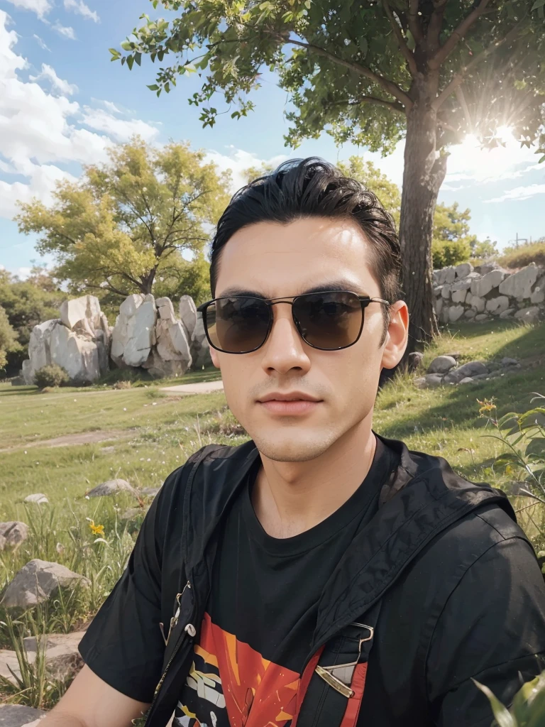 1 man,sunglass,black hair,ultra realistic,black t shirt,