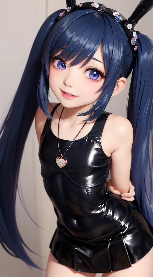 (masterpiece:1.3), (Best Quality:1.3), (Ultra-detailed:1.2), ((kawaii)), Cute, (lovely), ((sexy)), ((Extremely detailed)), 4K, (8K), Best Quality, (Beautiful), Illustration, anime style, (bold line:1.2), Gradation, looking at viewer, //, (bent down:1.1), (arms behind back), //, a cute girl, 1girl, (solo:1.2), gleaming skin, //, (flat chested), (Perfect eyes:1.2), (Perfect iris:1.2), //, darkblue hair color, (beautiful eyes) //, (half closed eyes:1.3), (sexual expression:1.2), Fascinated expression, smile, (blush:1.2), //, modern city background, on rock, twin tails, muscle girl, hard abs, exposed abs, NECKLACE, heavy armor skirt