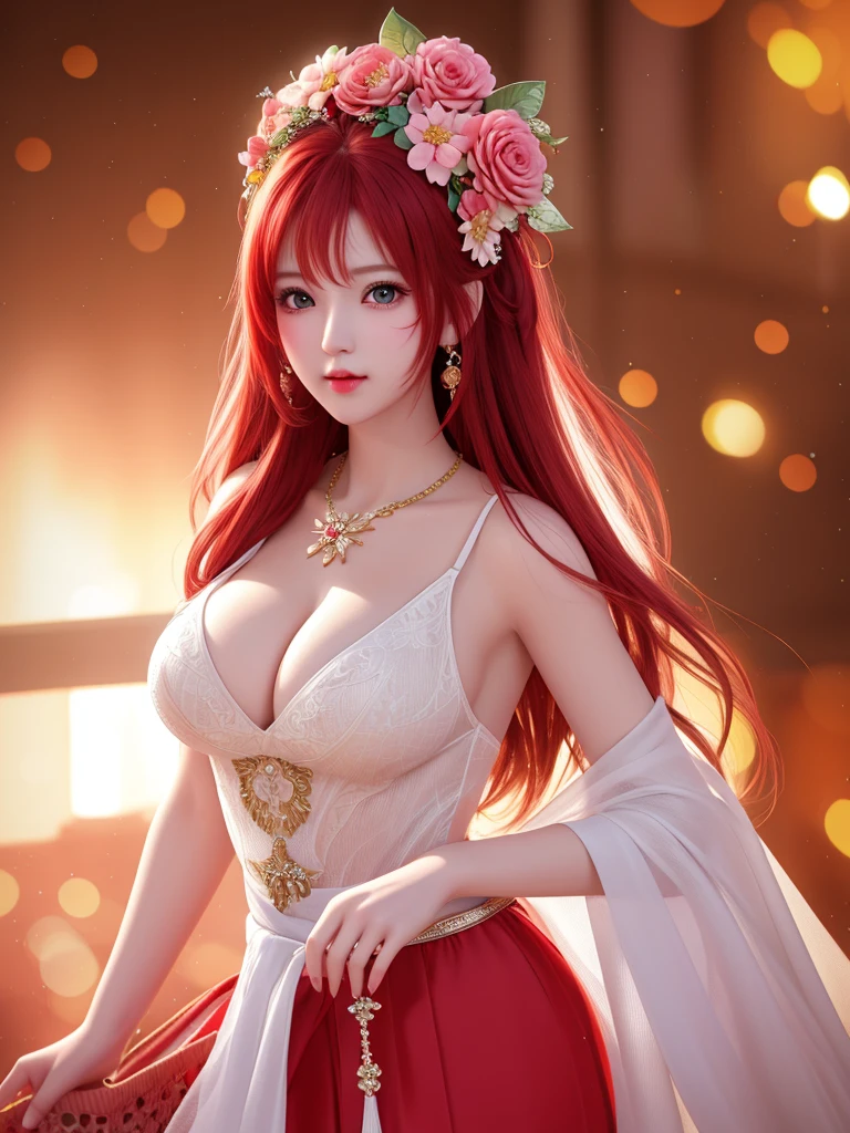 best quality, masterpiece, High target, There is a girl with a basket of flowers on her head, Big breast beauty,Very sexy,Beautiful red dress, Hair Decorationss, necklace, Decorations, Pretty Face, When the body, Tyndall effect, Realistic Portraits, Edge lighting, Two-color light, (Very delicate skin:1.2), 8K uhd, Digital SLR Camera, Soft Light, high quality, Volumetric Lighting, Honest, photo, high resolution, 4K, 8K, Bokeh,Big red hair,Pink Eyes.