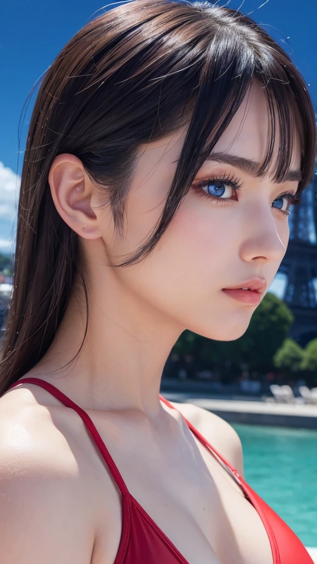 woman, beautiful, realistic, 24 years old, in profile, portrait, gray hair, posing in front of Eiffel Tower, red swimsuit. beautiful eyes, deep and blue eyes, big eyelashes, in profile, anime style,