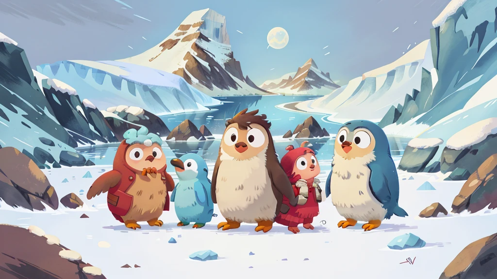 glacier,This illustration is a 4K high-definition illustration,The facial features are rich in detail,Cartoon Style,Cartoon Animals 5.1,cute,Antarctica,A penguin,A little bird,Ice