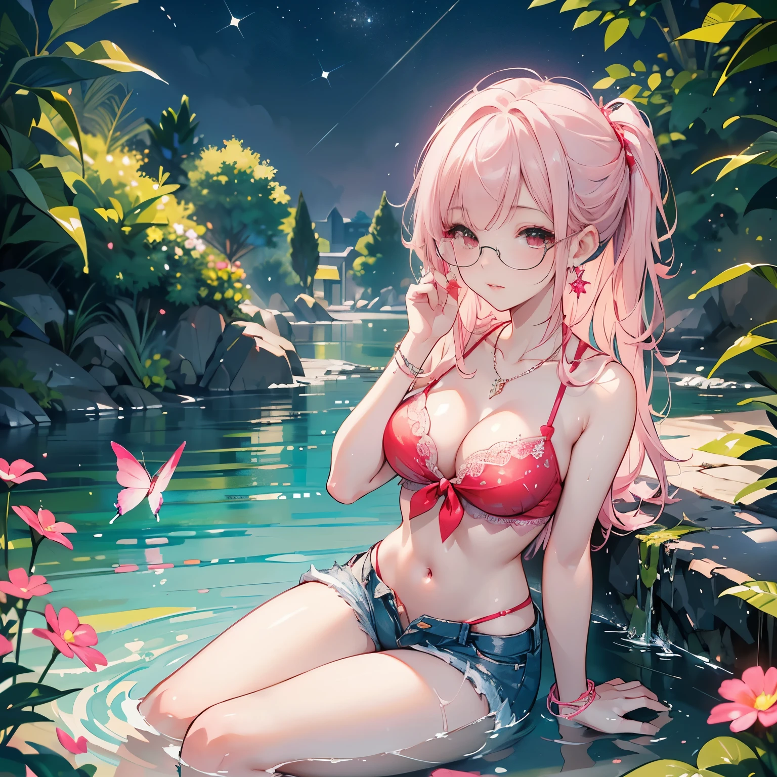 looking back,high angle,from above,cleavage,(wearing elegant pink frame glasses),
(beautiful pink and green butterflies and dragonflies all over the place),colorful flowers,fantasy beams and lights,
((masterpiece:1.4, best quality)), ((masterpiece, best quality)),low angle,beautiful pony tail silver red hair,beautiful red eyes,little cute girl,wet full body, bathing in the water,water falls,water splash,lovely laugh,denim shorts,elegant pink and red hat, ((pink and red elegant string tied summer bikini)), (Lace chalker, wristband, diamond necklace,earrings),cinematic lighting and pause,beautiful natural mysterious park,night sky,full moon,(beautiful pink and green butterflies and dragonflies all over the place),