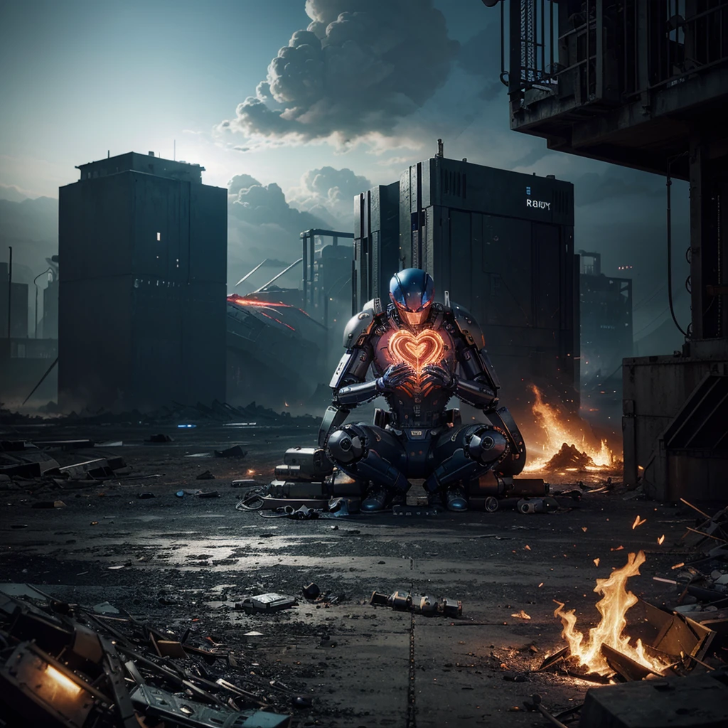 Create a book cover that has a mechanical heart, or a robotic heart that in the background there is a dystopian and destructive environment around them while the heart expels blue energy from itself 