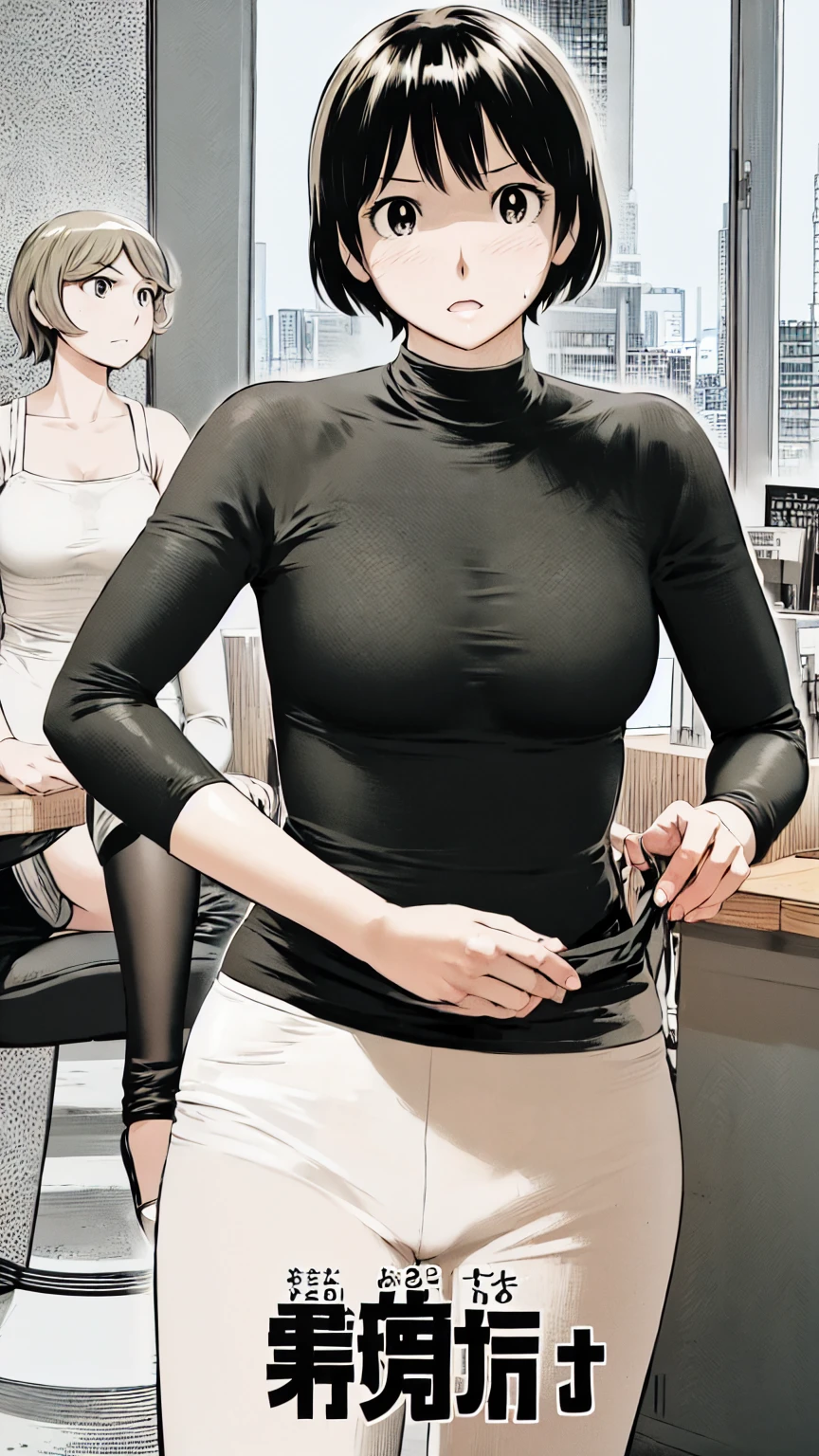 、(masterpiece、Highest quality)、Highest quality, Ultra-high resolution, (((masterpiece))), alone, Sweat、Big eyes,office、Tight white dress shirt、Tight black suit、Tight black pants、indoor、Composition from the front、(Cut the back hair short、short hair、blonde、woman)、Shortcuts、Embarrassed face、Cut your hair short、可愛いwomanの子、Big Breasts