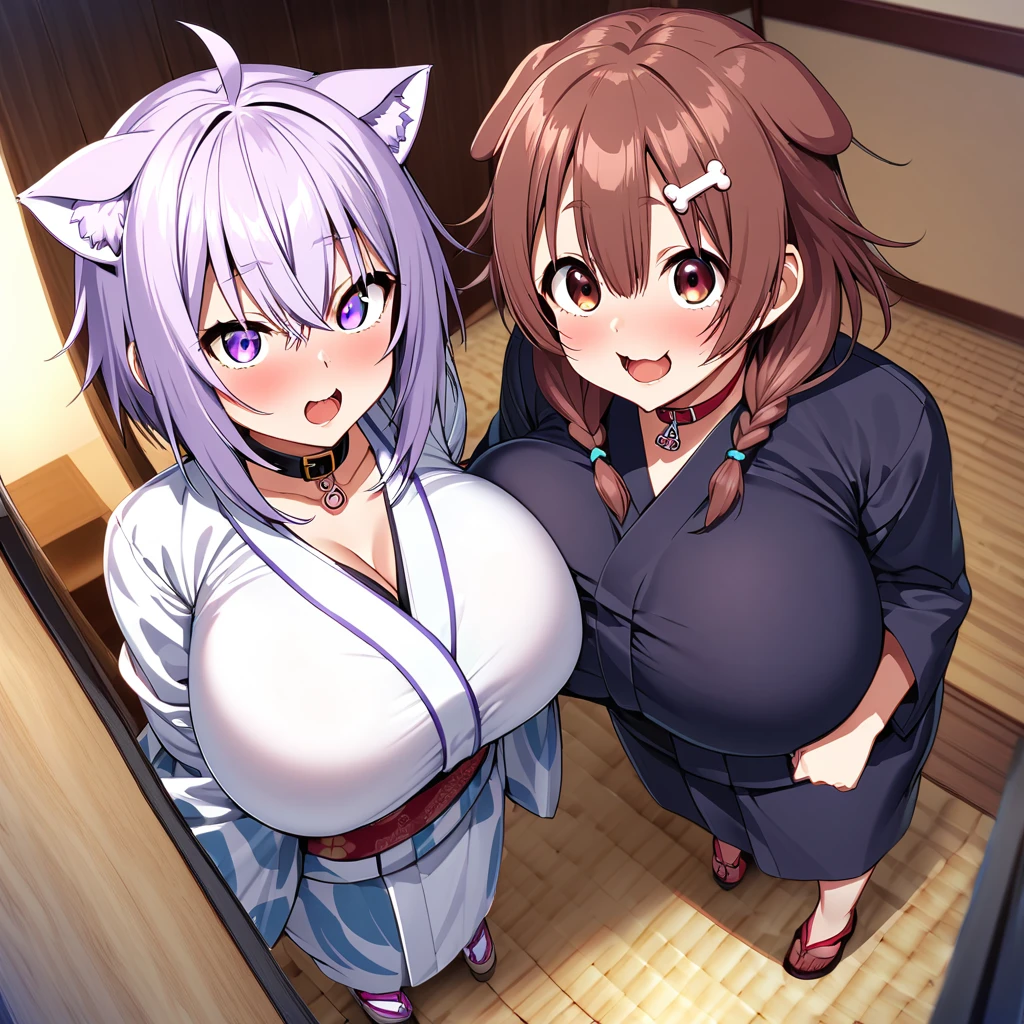 inugami korone,nekomata okayu,2girl,Females in heat,mating season,blush,open mouth,yukata,collar,gigantic huge breasts,looking at viewer,Taken from the viewpoint above,upturned eyes,near,standing up,Lined up,ryokan,in room