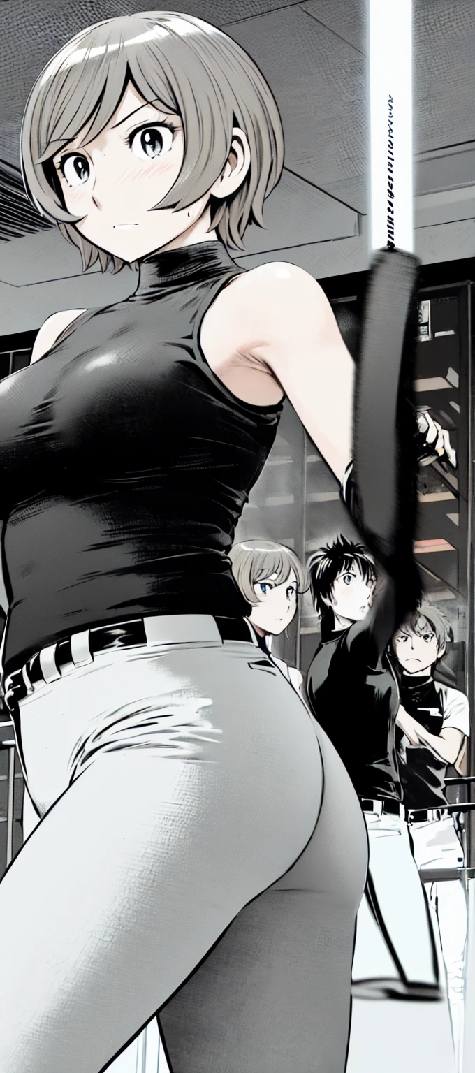 (short hair:1.2),Sleeveless、Black Shirt, turtleneck,White trousers、uniform、Black belt、((People illustrations))、Big Breasts、
View your audience,, (Highest quality:1.3),One Girl, White pants、uniform、blue eyes、Tight black shirt、(masterpiece、Highest quality)、Highest quality, Ultra-high resolution, (((masterpiece))), alone, Sweat、Big eyes、Big Breasts、One Girl, Front view、Embarrassed face、Bronze colored hair、((short hair))、locker room、Stretch your arms to the sides、Good posture、Stand upright、Stand up straight、Upper body close-up