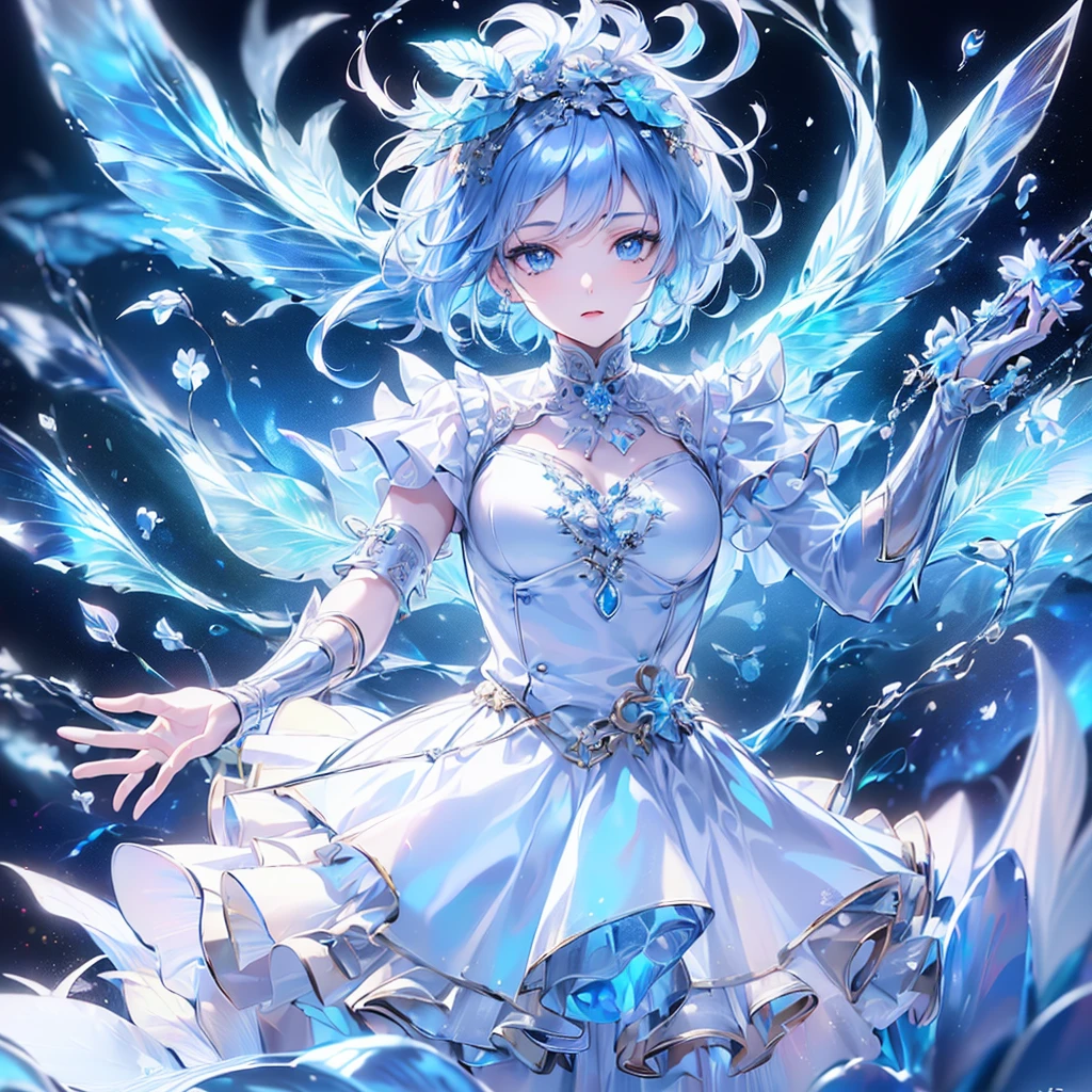 (((Masterpiece、Highest quality、Official Art、Super detailed、Handsome face、Dynamic composition)))、Anime Style、(Milky white and blue hair:1.3),(blue eyes:1.4),(Bright colors:1.4),((Hemp leaf background:1.3)),, Cool girl in gothic ****ta outfit posing in palace, mini skirt, Frills, 黒 and blue outfit,