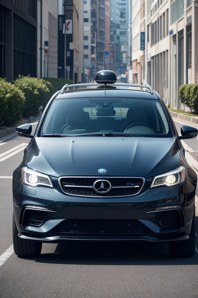 Photo of a Up car with a dark blue front and its rear view mirrors are graphite color