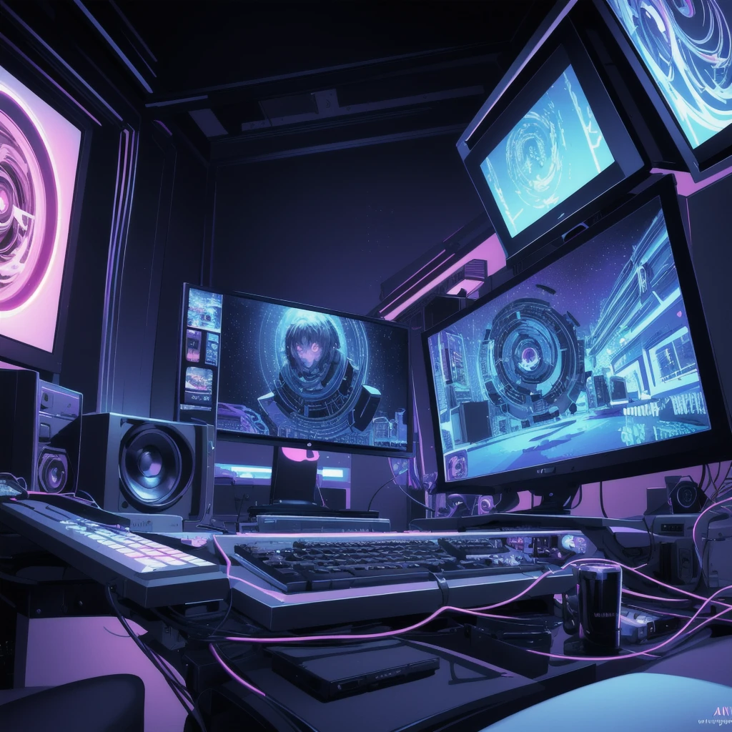 (masterpiece), (best illustration),(no humans), anime background, gaming bedroom, television with large computer, ring lighting , rim lighting,(extremely detailed CG unity 8k wallpaper),(masterpiece), (best quality), (vaporwave style), (ultra-detailed), (best illustration),(best shadow),perfect lighting , perfect anatomy , vivid colors,