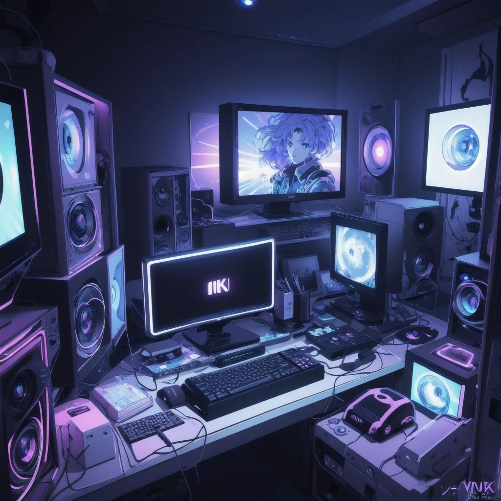 (masterpiece), (best illustration),(no humans), anime background, gaming bedroom, television with large computer, ring lighting , rim lighting,(extremely detailed CG unity 8k wallpaper),(masterpiece), (best quality), (vaporwave style), (ultra-detailed), (best illustration),(best shadow),perfect lighting , perfect anatomy , vivid colors,
