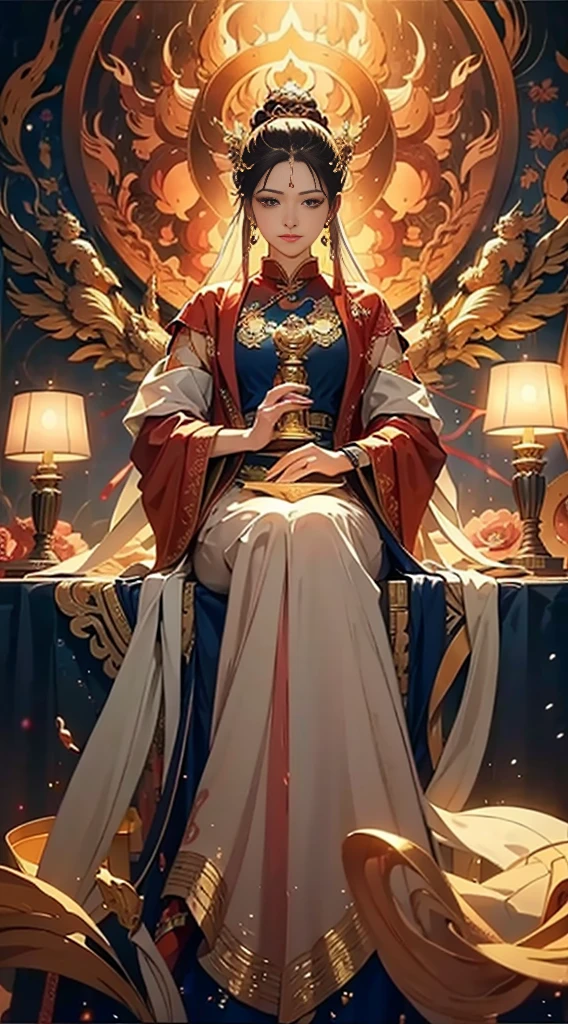 (Chinese hermit), (Buddhism), multi_hand,(Mythical tales), (Buddha), She is sitting on a lotus, (左に3つのhand,右側に3つのhand, それぞれのhandには異なる仏器が握られている, Symmetrical),(Delicate and beautiful face), (White silk robe)Sitting on a lotus flower, Front view,A light smile, neoclassicism, About Art, Chiaroscuro, Cinema Lighting, Divine Light, Ray Tracing, Character Sheet, projected inset, First Person View, Hyper HD, masterpiece, Accurate, Textured skin, Super detailed, Attention to detail, high quality, Awards, 最high quality, High resolution, 8K