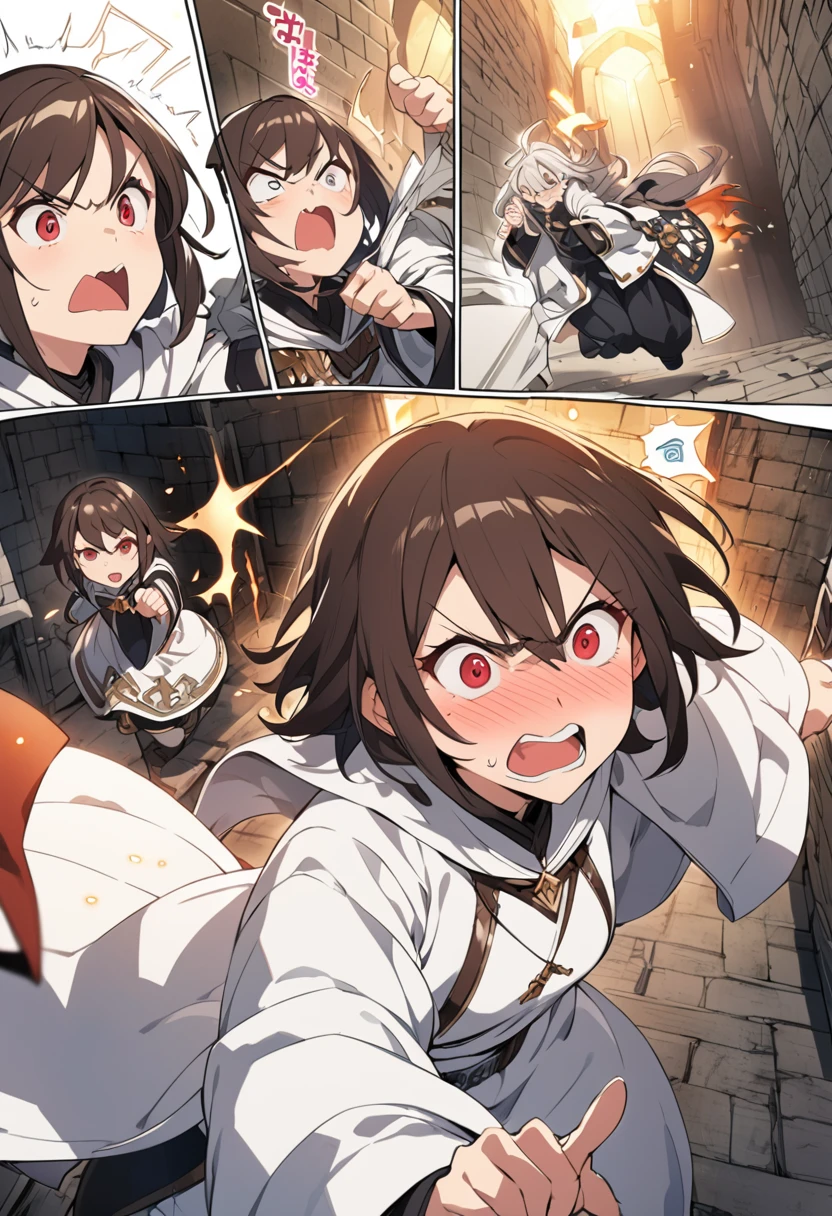 Adult female, dark fantasy, very short brown hair, red eyes, cleric, black on white cleric robes, blushing, angry, dungeon, pointing, running, highly detailed, high quality, anime, manga