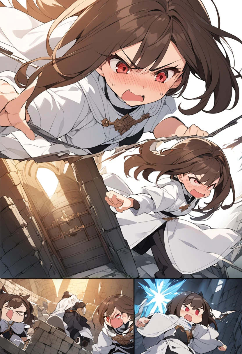Adult female, dark fantasy, very short brown hair, red eyes, cleric, black on white cleric robes, blushing, angry, dungeon, pointing, running, highly detailed, high quality, anime, manga