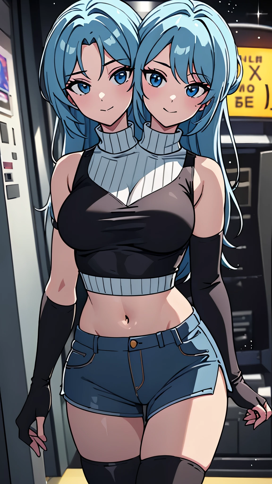 best quality, (masterpiece),(ultra-detailed), (high quality), (high resolution), ((2heads:1.5)), best quality:1.5, highres, UHD, 16K), smiling, highres, masterpiece, ((light blue hair)), gamer girl, long hair, hair band, black eyes, ((cinematic particles)), ((grey hot pants)), arcade room, (black gloves), cowboy shot, ((sleeveless biker jacket over a white crop top)), exposed midriff, fingerless gloves