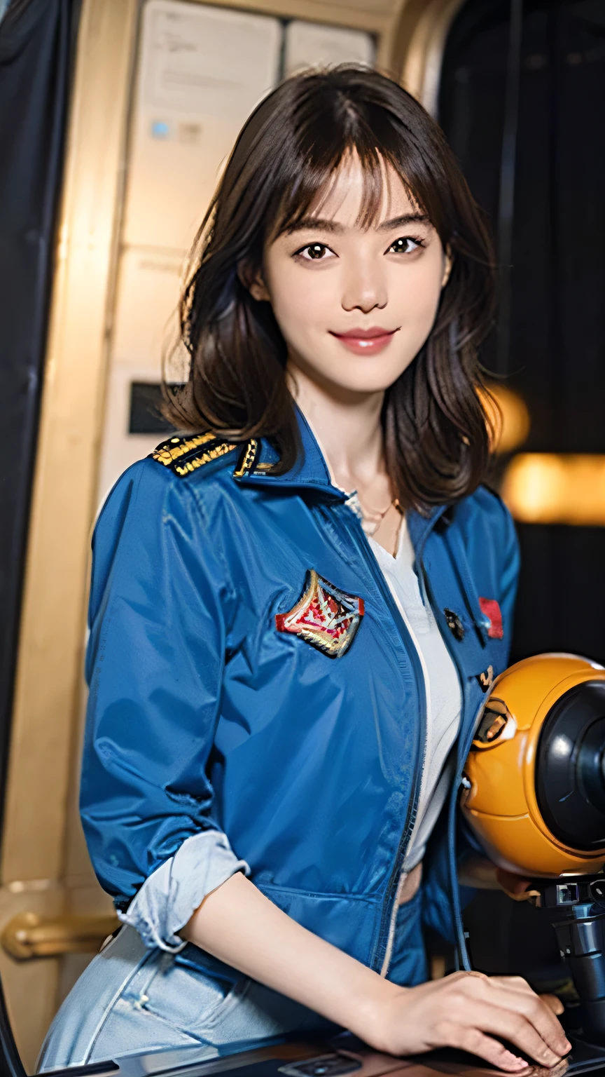 1
Shorthair,  (a 23 yo woman, standing), A hyper-realistic, gentle smile, with long hair,sci-fi cool suit, (lipstick),  in the cockpit of an old fashioned fighter aircraft