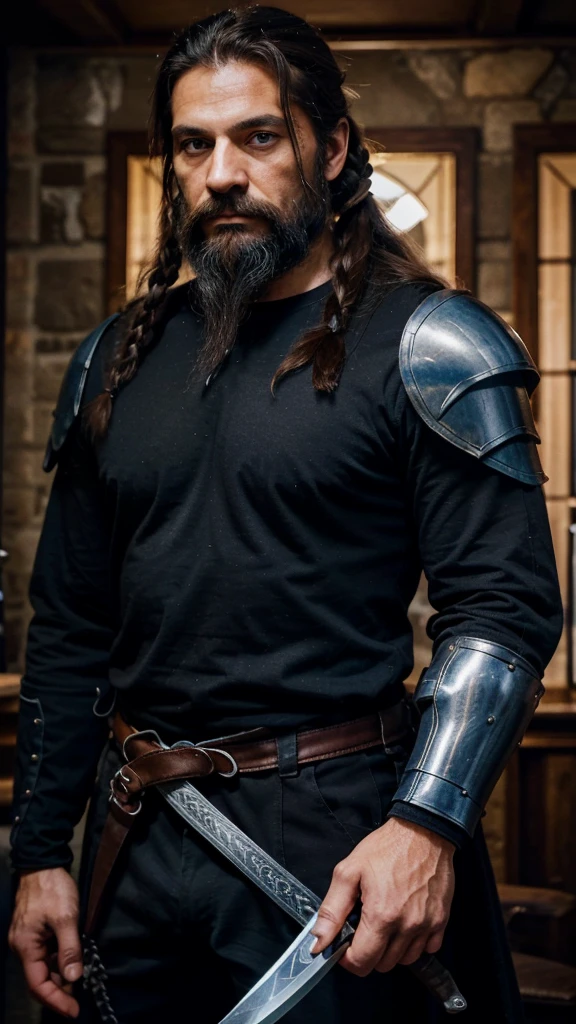 Italian man, age 45, long hair tied in a ponytail, extremely blue eyes, well-designed beard, brawny, with black armor, holding a black bladed sword, in a dark mansion