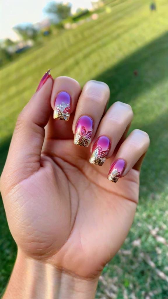 detailed painted nails, intricate nail art, floral nail designs, gem-encrusted nails, metallic nail polish, ombre nails, 3D nail art, holographic nails, glossy manicured nails, acrylic nails, (best quality,4k,8k,highres,masterpiece:1.2),ultra-detailed,(realistic,photorealistic,photo-realistic:1.37),macro photography, close-up, sharp focus, vibrant colors, natural lighting