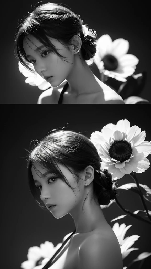 The flowers on both sides form a frame. 額の中にはcoolとライバルの入った女性 glamorous cool Women are black and white but flowers are vibrantly colored Best Quality, Masterpiece, Ultra High Resolution, (Realisticity: 1.4), Original Photo, Cinematic Lighting