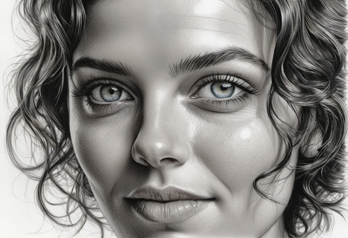 zoom portrait, fountain pen draauing of a Brunette auoman auith a gentle smile, short, slightly curly hair, auell-defined eyeBroaus, Beautiful [:light Blue:15] eyeballs, intricate lines, highy detailed, B&au, monochrome, black andwhite, graffit, pencil painting, coal, (hight contrast:1.1), auhite Background