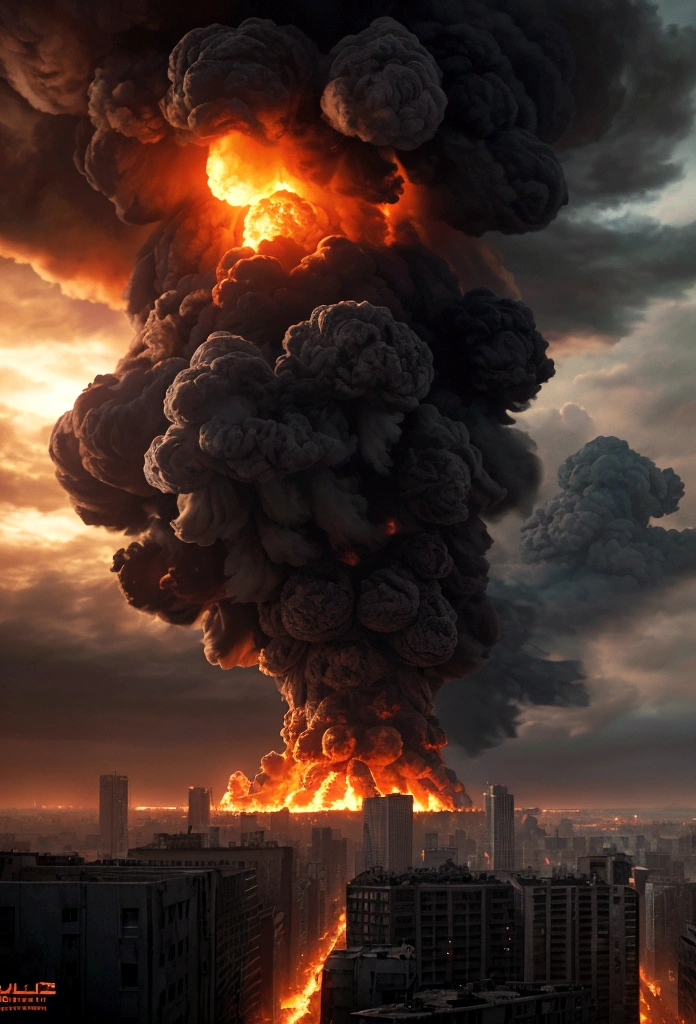 A massive nuclear explosion in a large city, ruined buildings, fire, debris, (wide shot), CGSociety, 8k, ultra-realistic, masterpiece, detailed, photorealistic, volumetric lighting, dynamic motion blur, cinematic composition, dark moody atmosphere, vibrant color palette, dramatic lighting