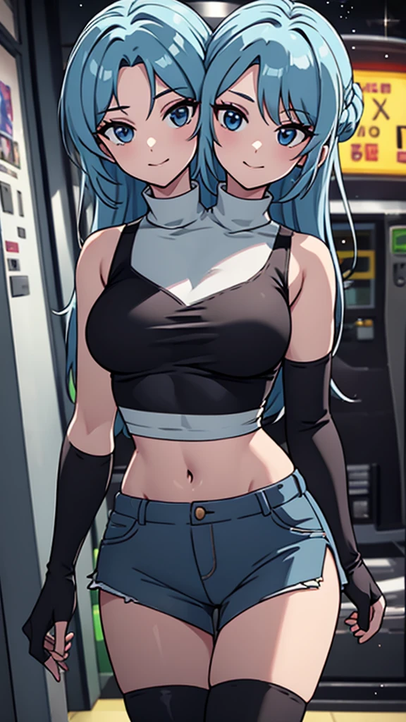 best quality, (masterpiece),(ultra-detailed), (high quality), (high resolution), ((2heads:1.5)), best quality:1.5, highres, UHD, 16K), smiling, highres, masterpiece, ((light blue hair)), gamer girl, long hair, hair band, black eyes, ((cinematic particles)), ((grey hot pants)), arcade room, (black gloves), cowboy shot, (( white crop top)), exposed midriff, fingerless gloves