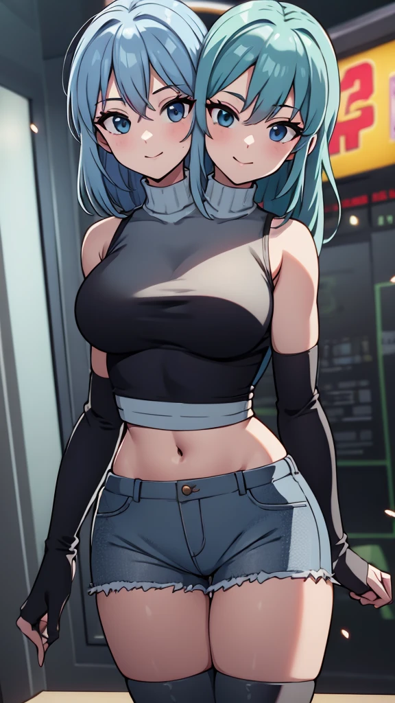 masterpiece, best quality, highres, dragon ball, blmmid, ((aqua hair)), medium hair, blunt bangs, red hair band, white shirt, black skirt, cowboy shot, in a Cyberpunk city, bustling with neon signs, standing, upper body, ((midriff)), ((sexy)), (large breasts), ass,