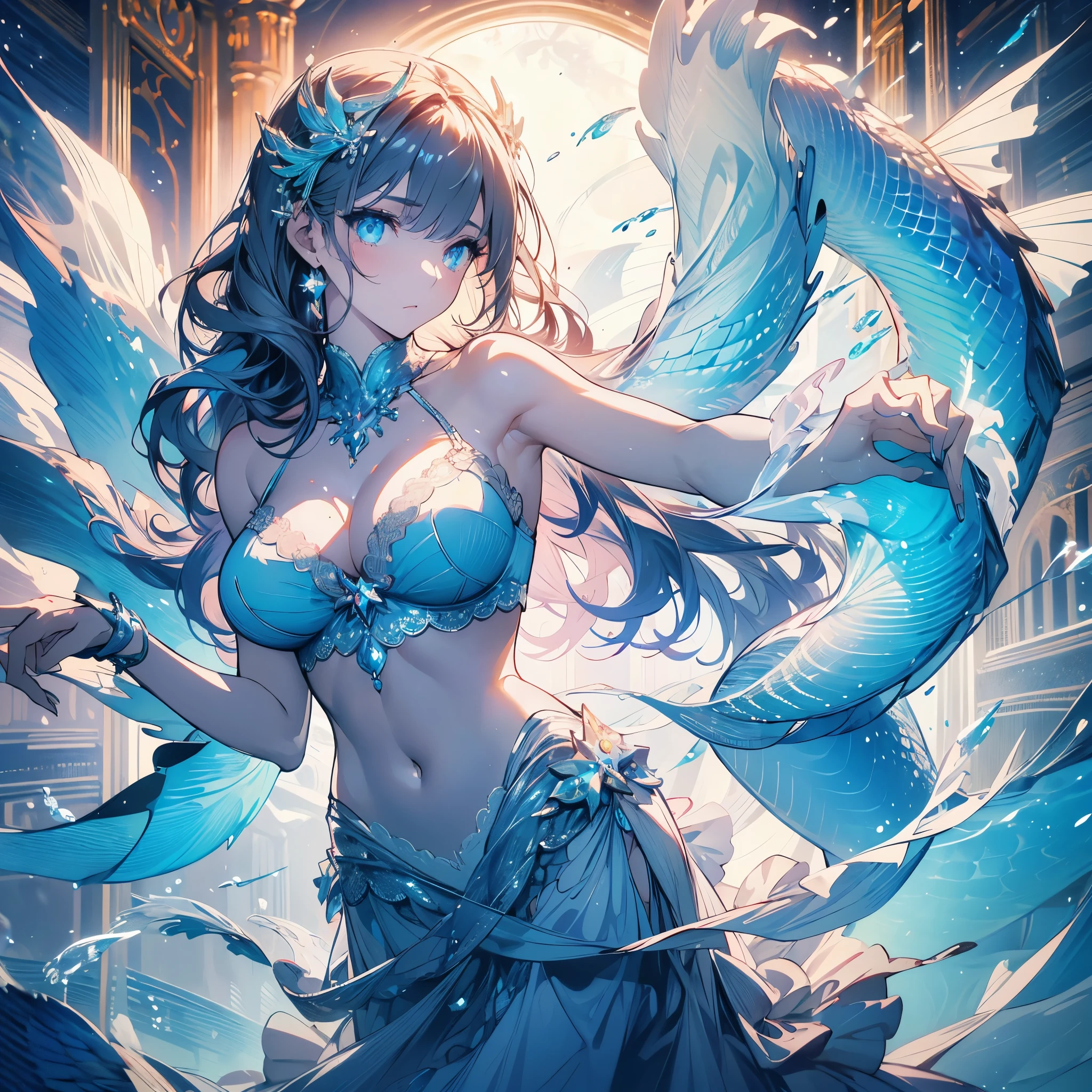 high details, best quality, 8k, [ultra detailed], masterpiece, best quality, (extremely detailed), full body, ultra wide shot, photorealistic, fantasy art, dnd art, rpg art, realistic art, an ultra wide picture of a female human (1.5 intricate details, Masterpiece, best quality) goddess of water  ((watery radiant aura)), controlling a swirling streams of watery magic (1.5 intricate details, Masterpiece, best quality), manipulating purple radiant magical symbols, [[divine symbols]] (1.5 intricate details, Masterpiece, best quality), human female, blue  hair, long hair with aura, hair with green radiant eyes, intense eyes, holding a trident, ((radiant eyes)), (( green glowing eyes)), dynamic clothing, fantasy sea background, stresms of sea water,  celestial  background, ((divine worship atmosphere)), high details, best quality, highres, ultra wide angle, crystallineAI,