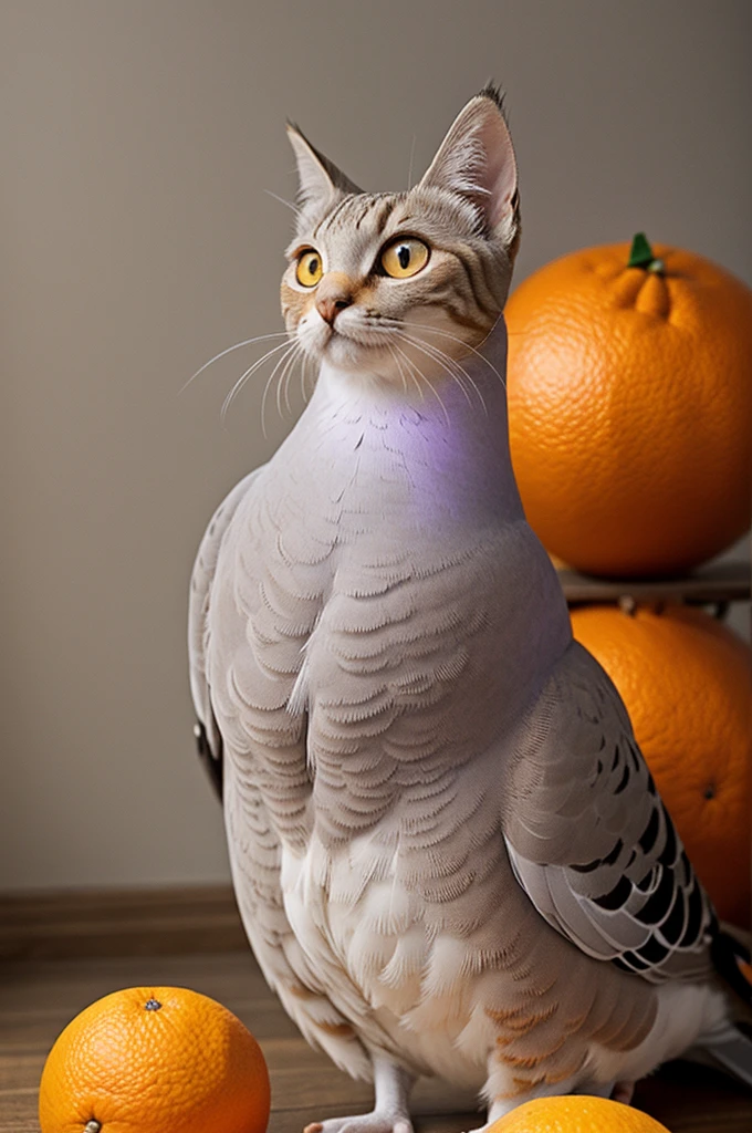 Create an image of a furry orange female pigeon cat with the name angeles