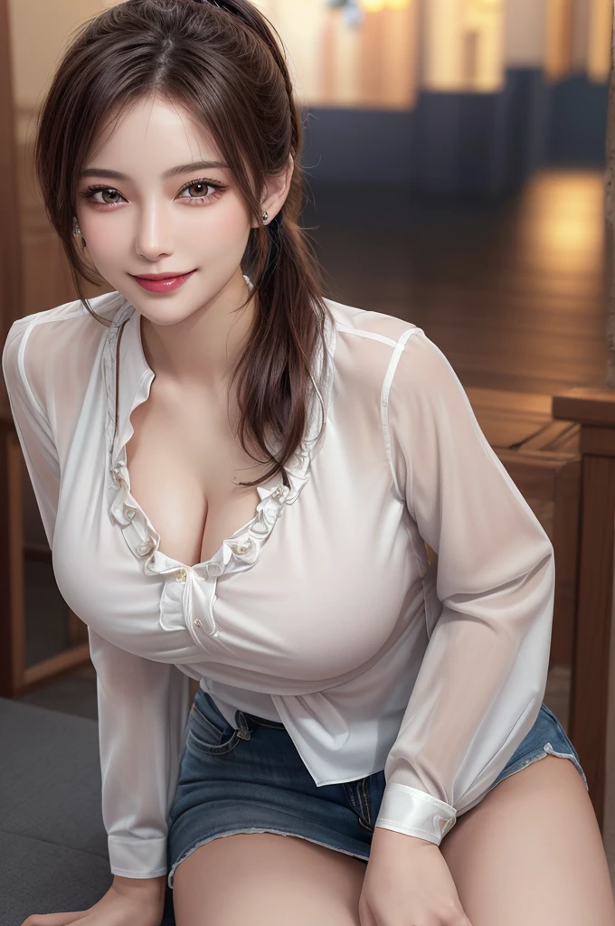 Tabletop, Highest quality, figure, Super detailed, In detail, High resolution, 8k wallpaper, Perfect dynamic composition, Beautiful attention to detail, ponytail,Big breasts Natural color Lips, Sexy pose,smile,Harajuku、25-year-old woman、Beautiful woman、Looking at the camera、Super Real、(((Reality:1.5))),(((blouse:1.5)))