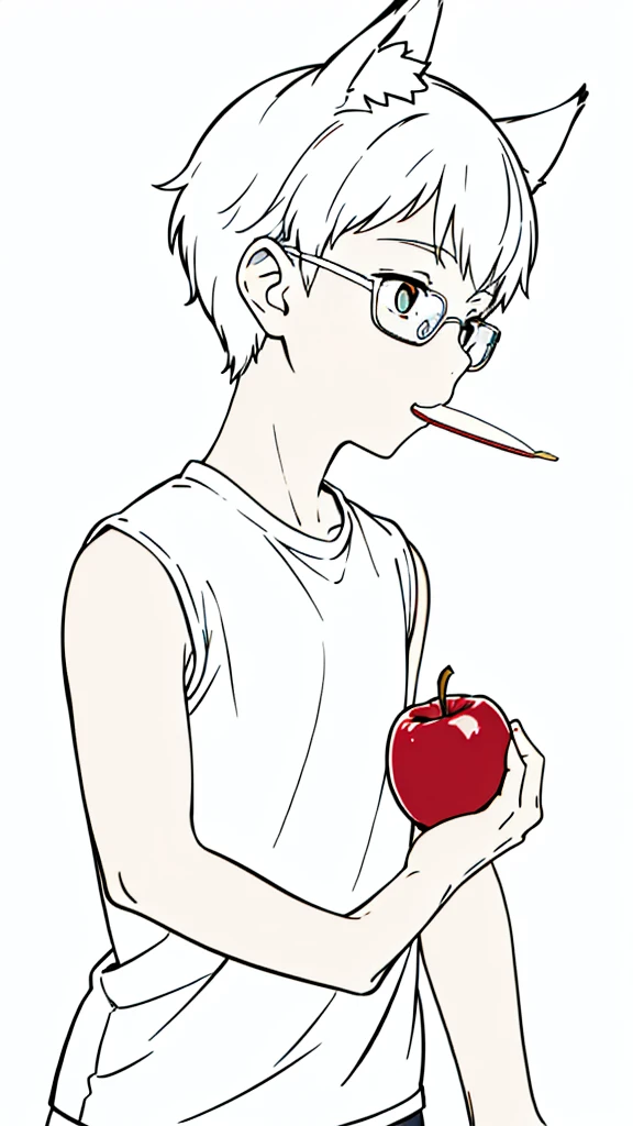 (1boy,,kid),solo,happy,white hair,short hair,fox ears,white shirt,sleeveless,upper body,(white background,line drawing),white glasses,profile,eating a apple